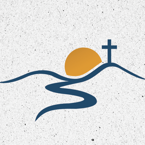 The sun rises behind a hill topped by a cross, with a curved road leading toward the viewer's viewpoint